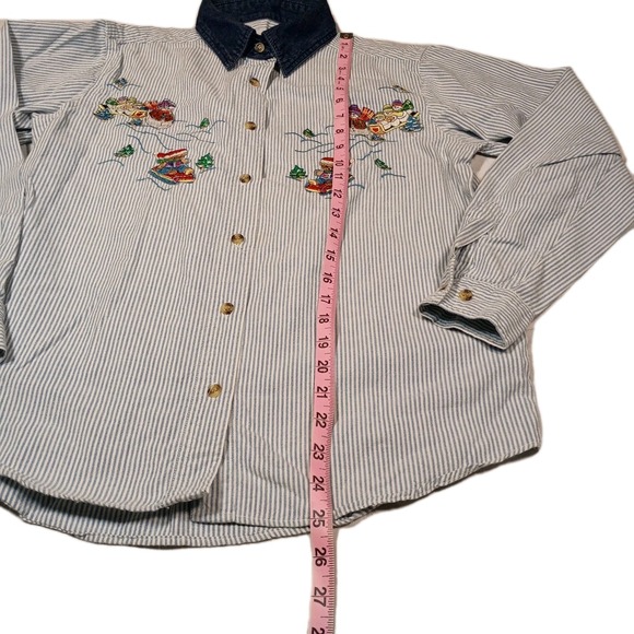 VTG Denim Winter Christmas Snowman Bear Embroidered Button‎ Up Shirt Sz S 90s - Picture 6 of 8